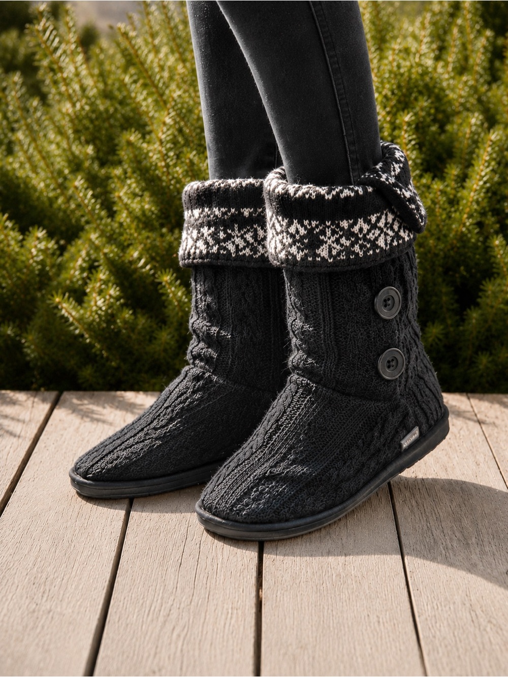 🆕 MUK LUKS À La Mode Sweater Boots Women’s Size 9 Black Knit High Slipper Boot